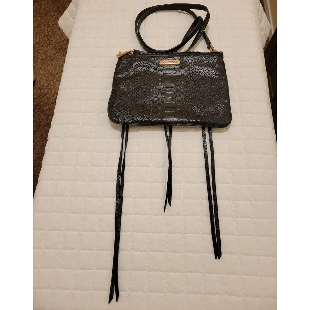 Rebecca Minkoff 3-Zipper Black Snake Embossed Crossbody Leather Bag Moto Goth